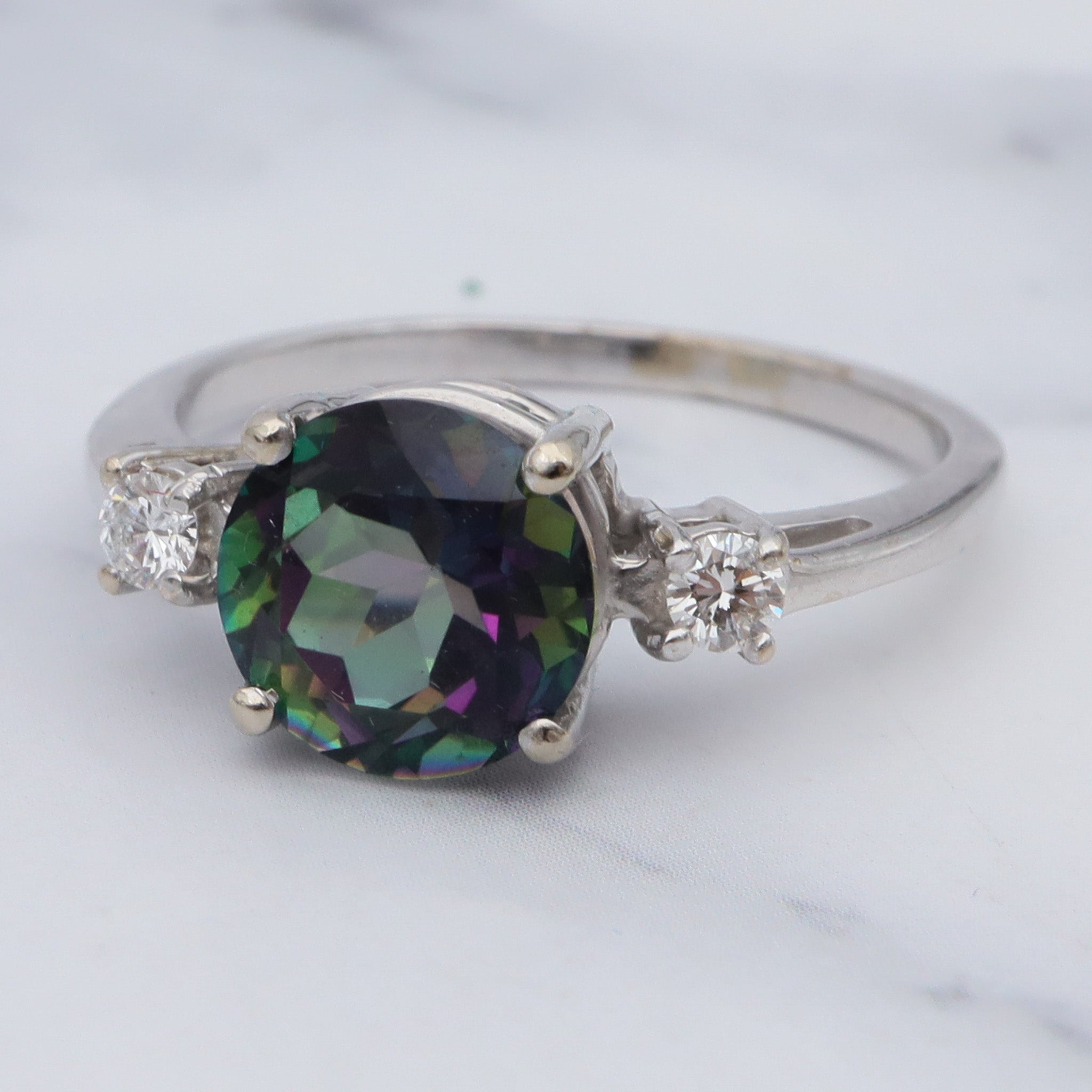 Vintage 14k white gold, mystic topaz & diamond ring, sz 7.75